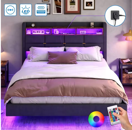 Lit flottant design en lin avec tête de lit de rangement et éclairage LED