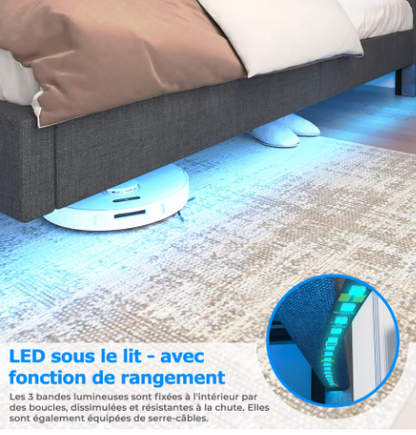 Lit flottant design en lin avec tête de lit de rangement et éclairage LED