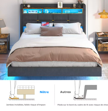 Lit flottant design en lin avec tête de lit de rangement et éclairage LED