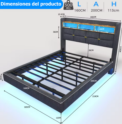 Lit flottant design en lin avec tête de lit de rangement et éclairage LED