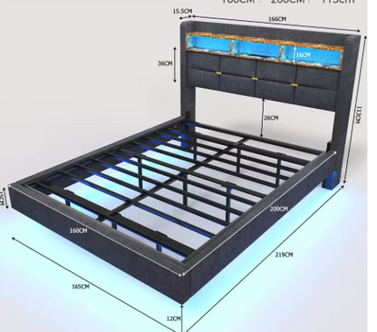 Lit flottant design en lin avec tête de lit de rangement et éclairage LED