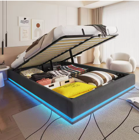 Lit coffre double avec rangement pneumatique et éclairage LED RGB 160x200cm