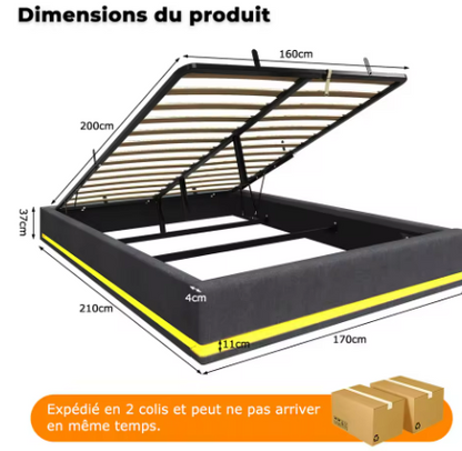 Lit coffre double avec rangement pneumatique et éclairage LED RGB 160x200cm