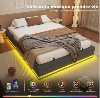 Lit coffre double avec rangement pneumatique et éclairage LED RGB 160x200cm