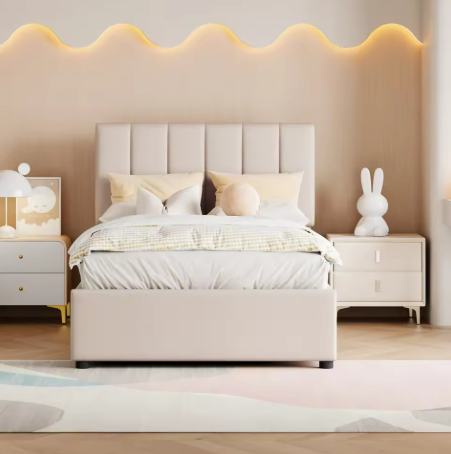Lit coffre simple beige en lin avec sommier relevable 90 × 200 cm