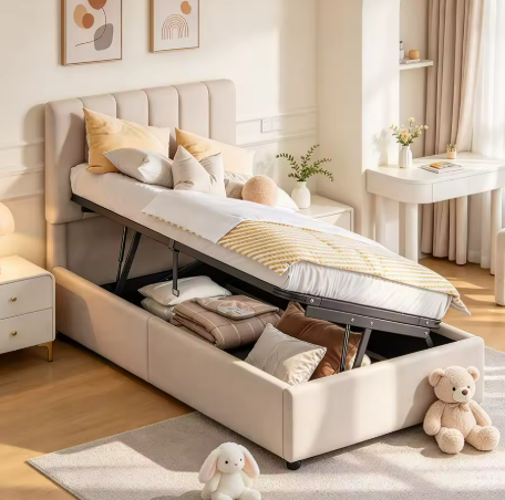 Lit coffre simple beige en lin avec sommier relevable 90 × 200 cm