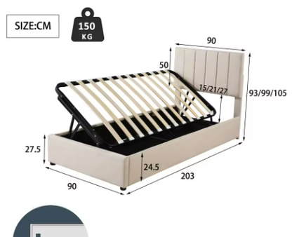 Lit coffre simple beige en lin avec sommier relevable 90 × 200 cm