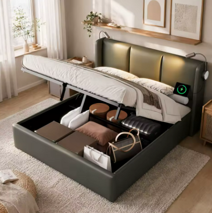 Lit coffre gris 160 × 200 cm avec sommier relevable et lampe de lecture USB