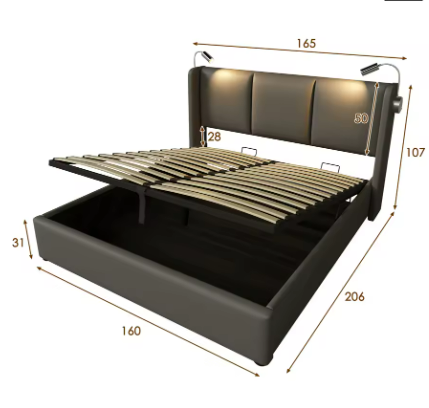 Lit coffre gris 160 × 200 cm avec sommier relevable et lampe de lecture USB