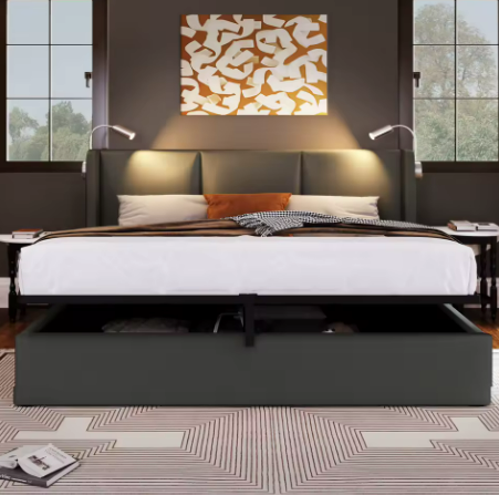 Lit coffre gris 160 × 200 cm avec sommier relevable et lampe de lecture USB