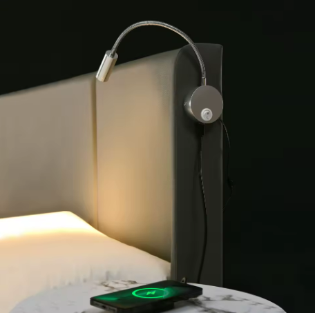 Lit coffre gris 160 × 200 cm avec sommier relevable et lampe de lecture USB