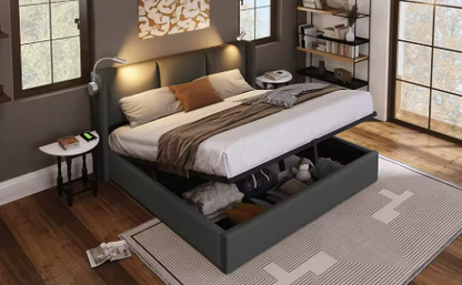 Lit coffre gris 160 × 200 cm avec sommier relevable et lampe de lecture USB