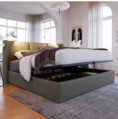 Lit coffre gris 160 × 200 cm avec sommier relevable et lampe de lecture USB