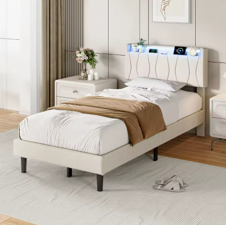 Lit simple beige 90 × 200 cm en lin avec tête de lit rembourrée et rangement