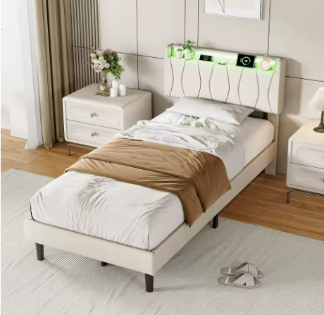 Lit simple beige 90 × 200 cm en lin avec tête de lit rembourrée et rangement