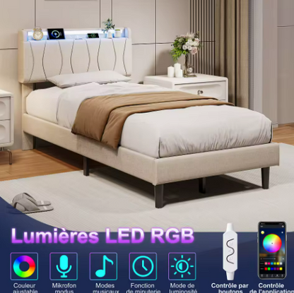 Lit simple beige 90 × 200 cm en lin avec tête de lit rembourrée et rangement