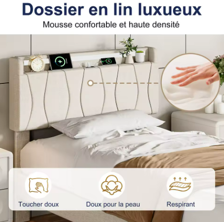 Lit simple beige 90 × 200 cm en lin avec tête de lit rembourrée et rangement