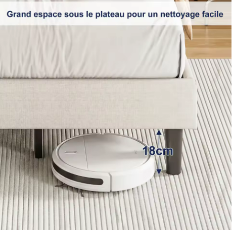 Lit simple beige 90 × 200 cm en lin avec tête de lit rembourrée et rangement