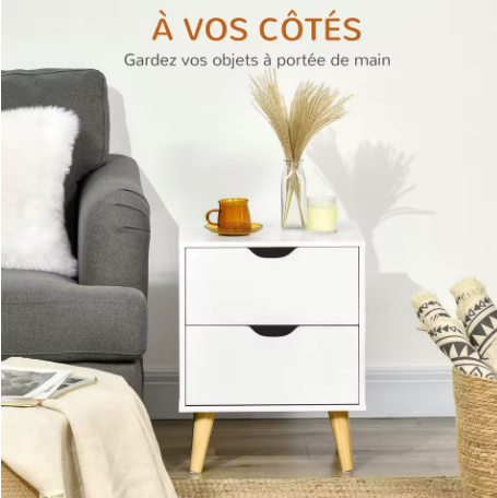 Table de chevet scandinave blanche HOMCOM avec 2 tiroirs et pieds en bois