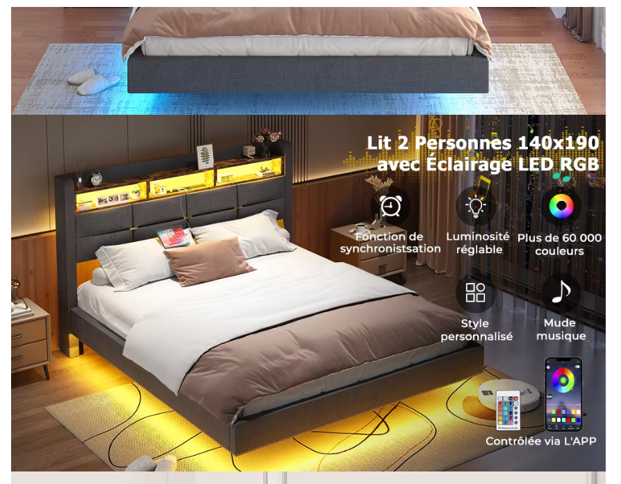 Lit flottant design en lin avec tête de lit de rangement et éclairage LED