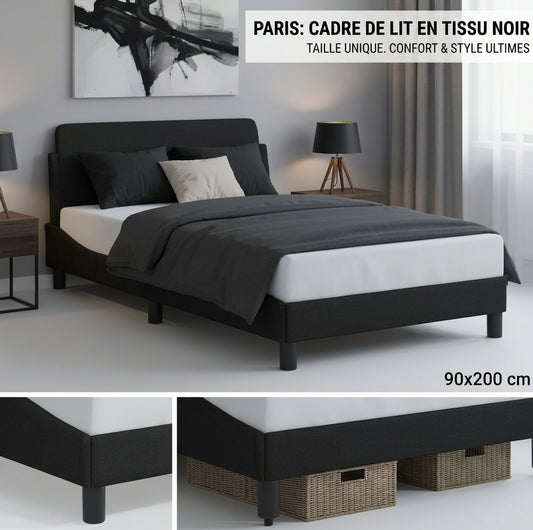 Cadre de lit simple en tissu noir avec sommier à lattes