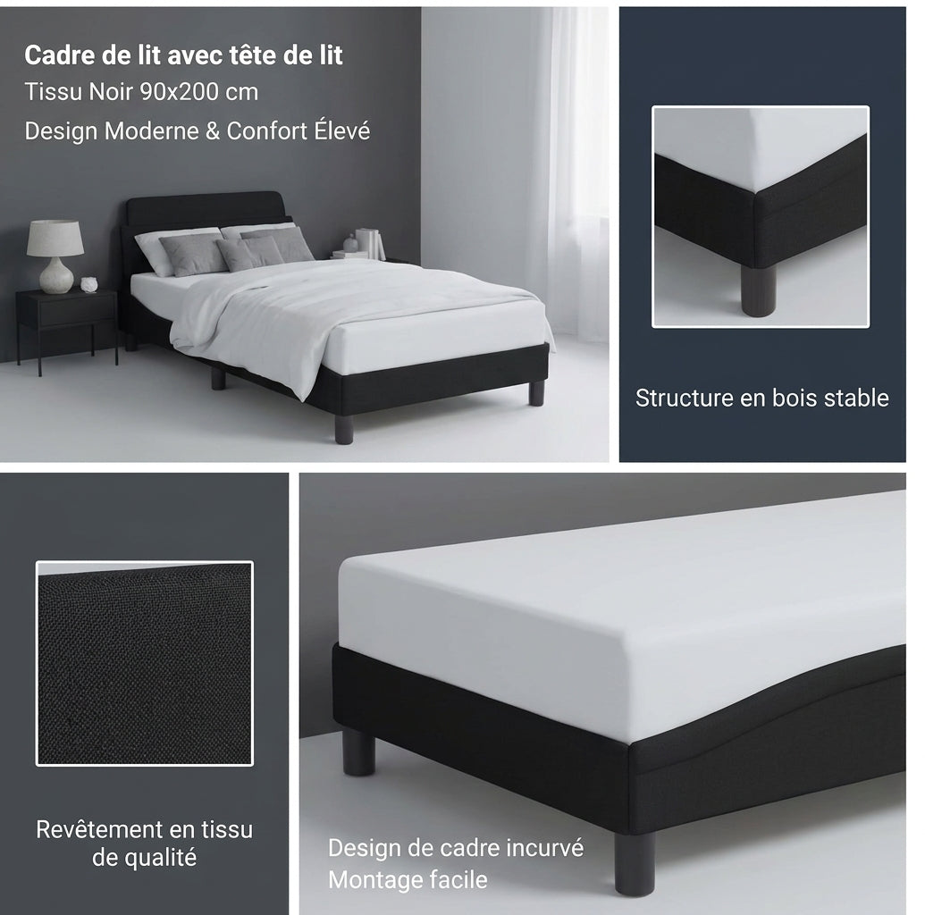 Cadre de lit simple en tissu noir avec sommier à lattes