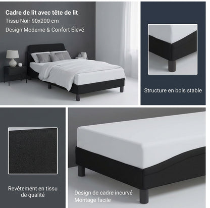 Cadre de lit simple en tissu noir avec sommier à lattes